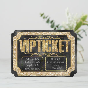 Invitación Purpurina dorada y diamantes en boleto dorado negr