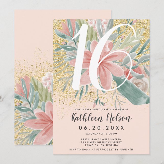 Invitación Purpurina dorado acuarela floral suave dulce dieci (Anverso / Reverso)