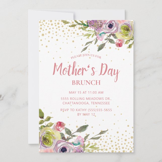 Invitación Purpurina dorado amarillo rosado Floral Brunch Día (Anverso)