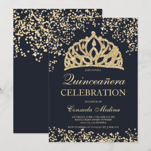 Invitación purpurina dorado azul marino tiara Quinceañera