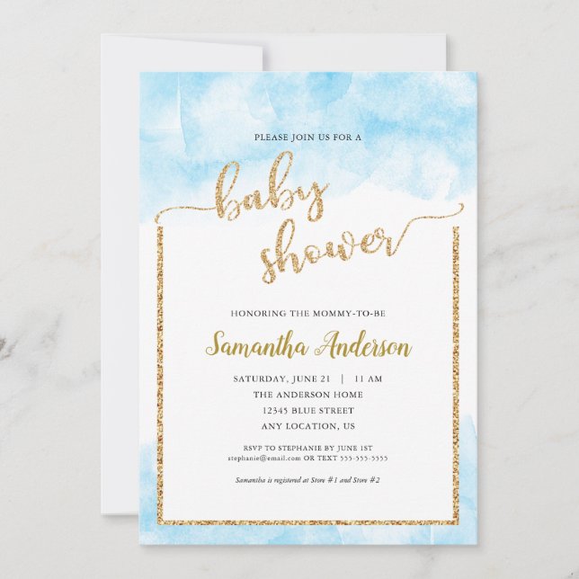 Invitación Purpurina dorado Baby Shower for Boy Blue Watercol (Anverso)