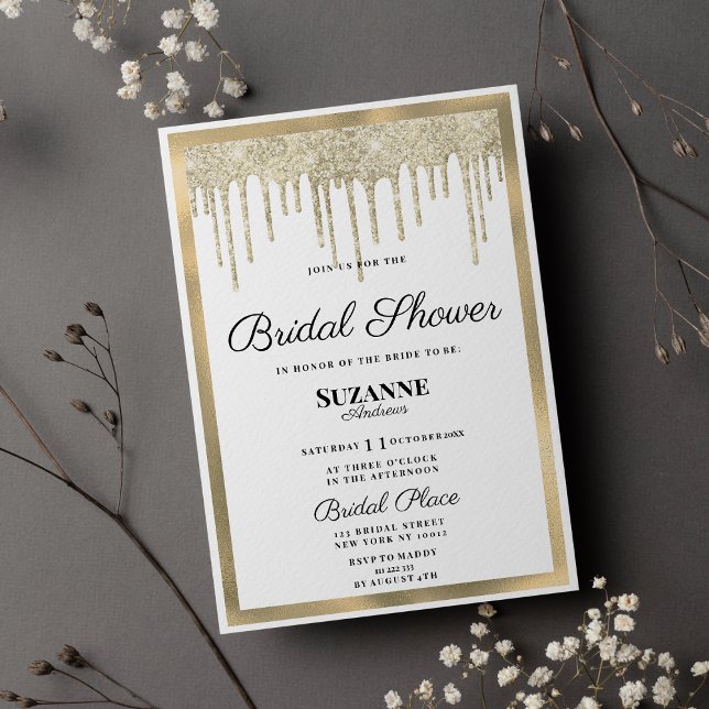 Invitación Purpurina dorado blanco de lujo gotea Bridal Showe (Luxury white gold glitter drips Bridal Shower)