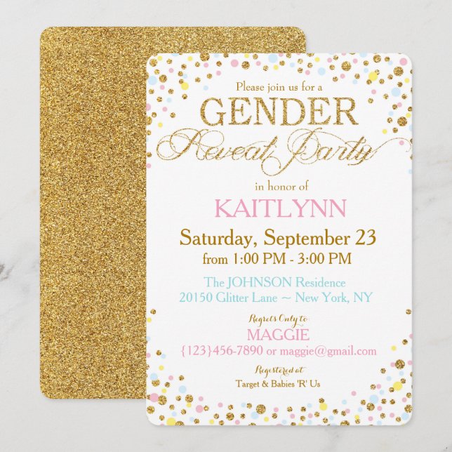 Invitación Purpurina dorado Blue Pink Yellow Sprinkle Baby Sh (Anverso / Reverso)