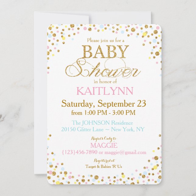 Invitación Purpurina dorado Blue Pink Yellow Sprinkle Baby Sh (Anverso)
