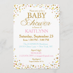 Invitación Purpurina dorado Blue Pink Yellow Sprinkle Baby Sh