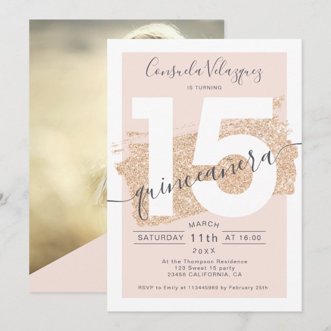 Invitación purpurina dorado brushstris blush quinceanera foto (Anverso / Reverso)