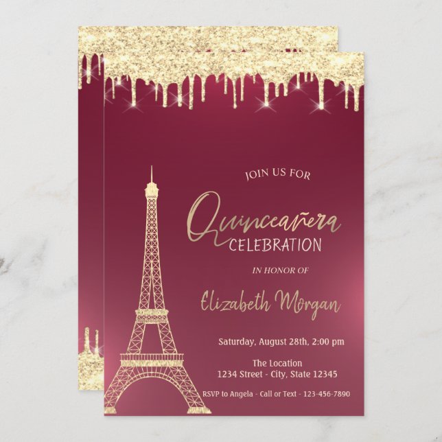 Invitación Purpurina dorado cae Torre Eiffel Torre Roja Quinc (Anverso / Reverso)