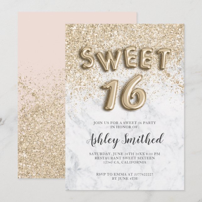 Invitación purpurina dorado claro letras mármol dulce diecisé (Anverso / Reverso)