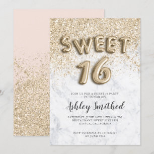 Invitación purpurina dorado claro letras mármol dulce diecisé