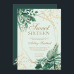 Invitación Purpurina dorado color verde tropical agua dulce 1<br><div class="desc">Color verde de la palma tropical acuática y tipografía de confeti purpurina dorado 16 años de dulce con ramas de hojas de color verde pintadas a mano,  perfecto para la fiesta de cumpleaños primavera y verano.</div>