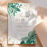 Invitación Purpurina dorado color verde tropical agua dulce 1<br><div class="desc">Color verde de la palma tropical acuática y tipografía de confeti purpurina dorado 16 años de dulce con ramas de hojas de color verde pintadas a mano,  perfecto para la fiesta de cumpleaños primavera y verano.</div>