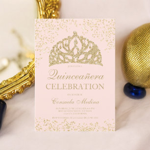 Invitación purpurina dorado corona rubia tiara Quinceañera