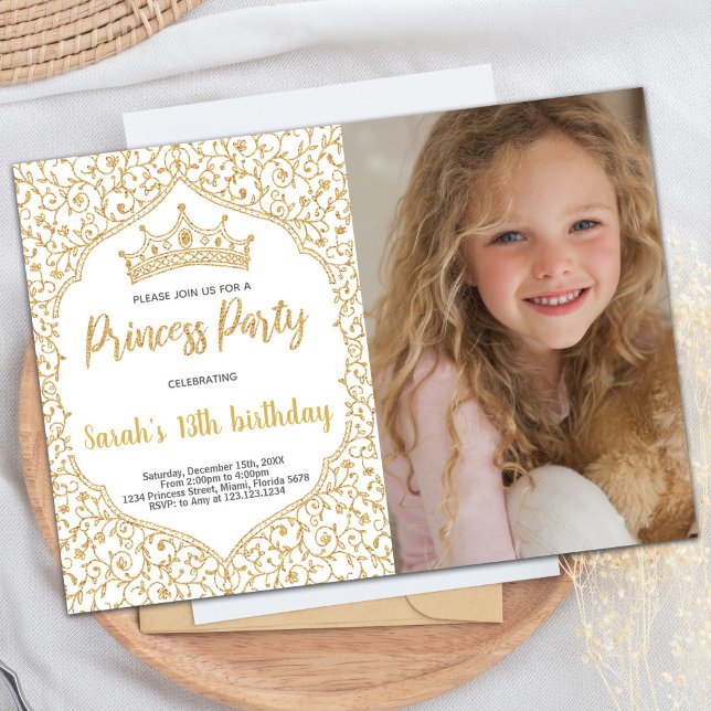 Invitación Purpurina dorado Cumpleaños de la Princesa Blanca (Photo Golden Glitter White Princess Birthday Invitation)