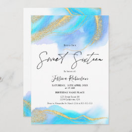 Invitación Purpurina dorado de color azul foto Sweet 16