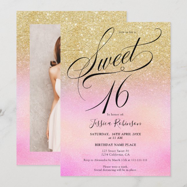Invitación purpurina dorado de escritura holográfica moda Swe (Anverso / Reverso)