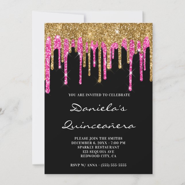 Invitación Purpurina dorado de rosa caliente gotea Quinceañer (Anverso)