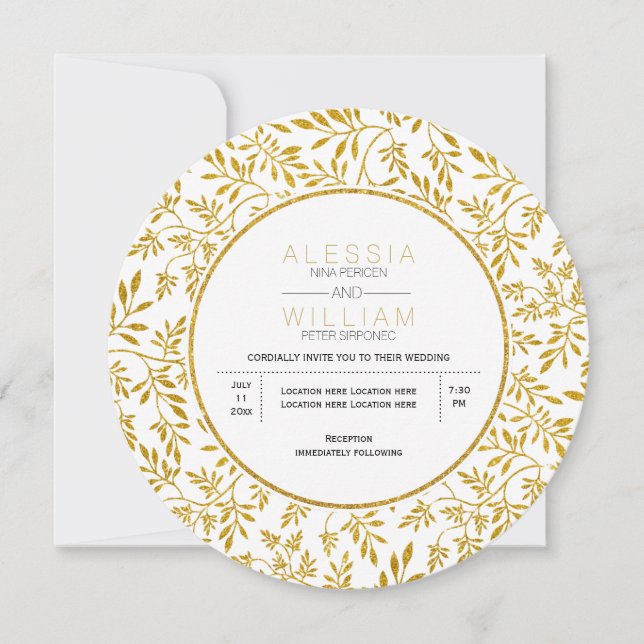 Invitación Purpurina dorado deja patrón boda moderno (Anverso)