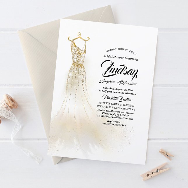 Invitación Purpurina dorado elegante vestido con ducha de nov (Subido por el creador)