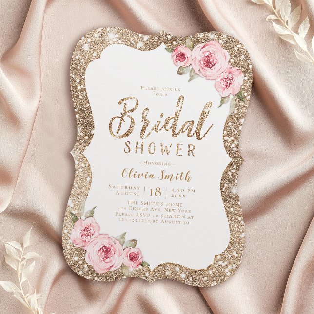 Invitación Purpurina dorado espumoso y ducha de novia floral  (Sparkle gold glitter and pink floral bridal shower invitation)