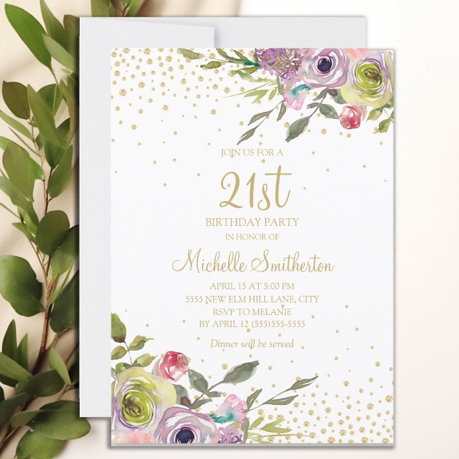 Invitación Purpurina dorado floral amarillo rosado 21º cumple (Purple watercolor floral and gold glitter 21st birthday party invitation)