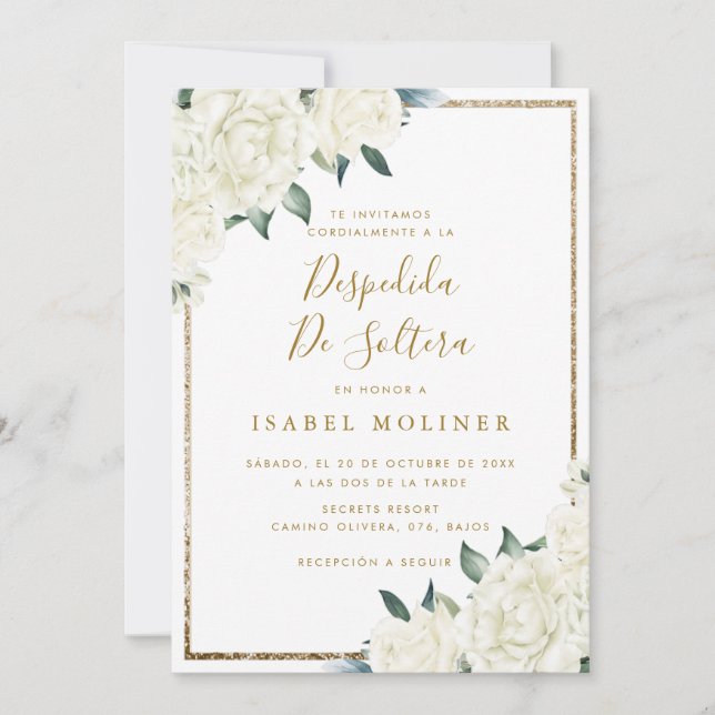 Invitación Purpurina dorado Floral blanca Ducha nupcial españ (Anverso)