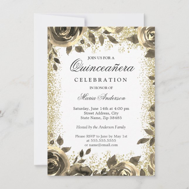 Invitación Purpurina Dorado Floral Moderno Fiesta Quinceanera (Anverso)