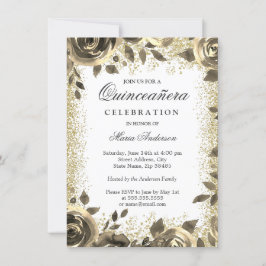 Invitación Purpurina Dorado Floral Moderno Fiesta Quinceanera