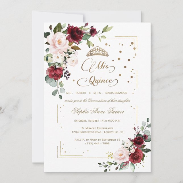 Invitación Purpurina Dorado Floral Rosa Mis Quince Quinceañer (Anverso)