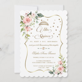 Invitación Purpurina Dorado Floral Rosa Mis Quince Quinceañer