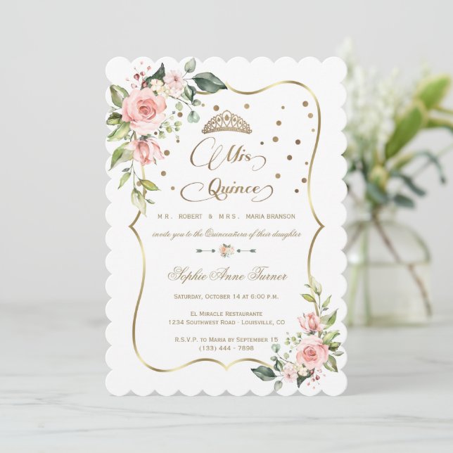 Invitación Purpurina Dorado Floral Rosa Mis Quince Quinceañer (Anverso de pie)