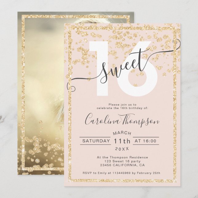 Invitación purpurina dorado frontera confetti blush Sweet 16  (Anverso / Reverso)