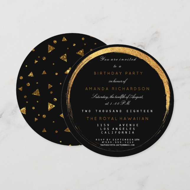 Invitación Purpurina Dorado Geométrico Vip Fiesta Evento Lujo (Anverso / Reverso)