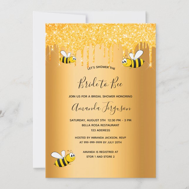 Invitación Purpurina dorado gotea novia en ducha de novia (Anverso)