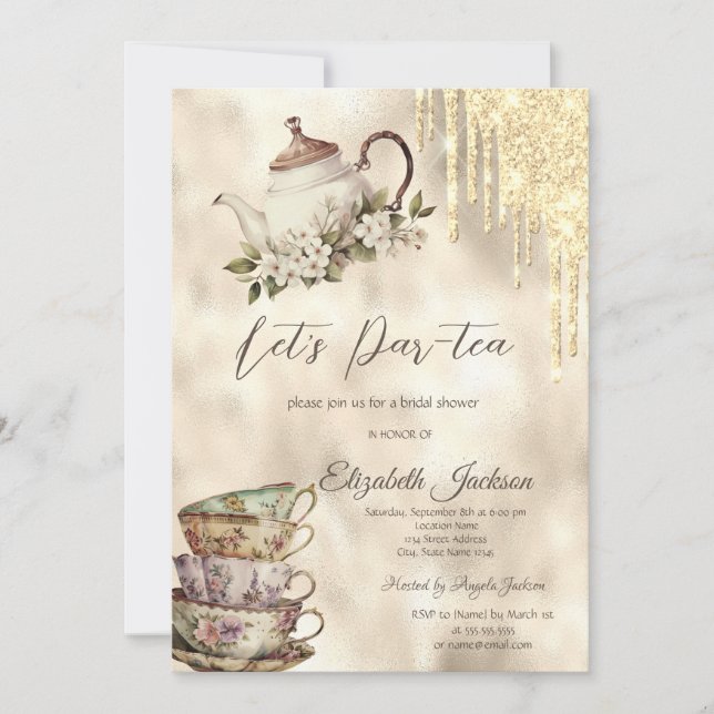 Invitación Purpurina dorado gotea té set ducha de novia (Anverso)