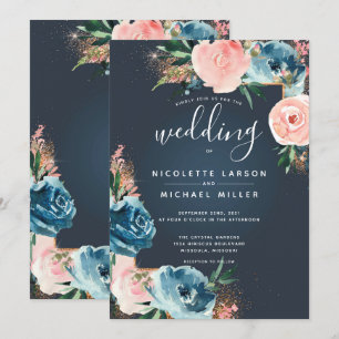 Invitación Purpurina dorado gris, azul marino y floral Rubor
