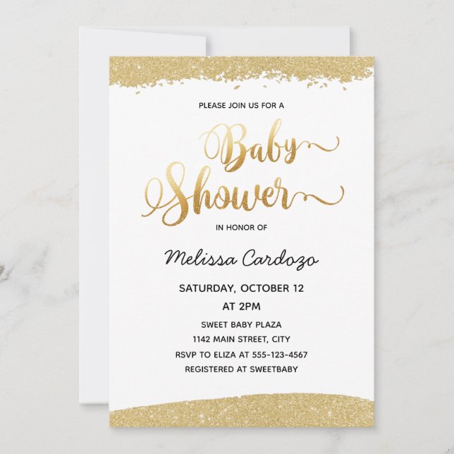Invitación Purpurina dorado manuscrito Baby Shower (Anverso)
