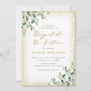 Invitación Purpurina dorado marco verde ducha de novia españo