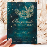 Invitación purpurina dorado mascarada mascarada verde verde a<br><div class="desc">Un dieciséis moderno,  moda y glamuroso dulce con una máscara de purpurina de oro dibujada a mano con un diamante purpurina brillando sobre un fondo de color verde oscuro verde azulado.</div>