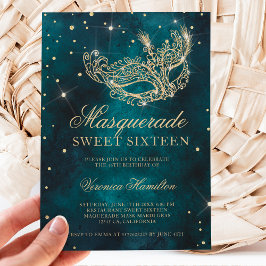 Invitación purpurina dorado mascarada mascarada verde verde a