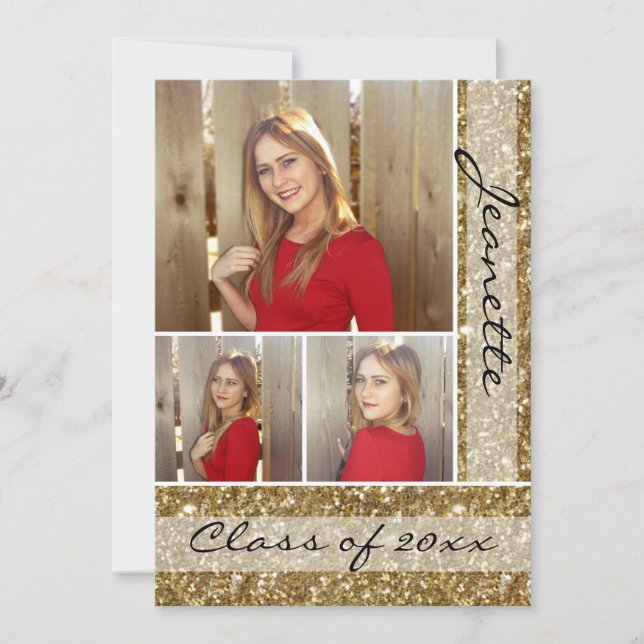 Invitación Purpurina dorado-Mira tres 3 Graduación de fotos (Anverso)
