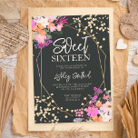 Invitación Purpurina dorado moda floral acuarela foto dulce 1<br><div class="desc">Primavera de moda, acuarela floral de verano rosa, morado y naranja y tipografía de confeti purpurina de oro 16 años dulce con flores pintadas a mano, ramas de hojas de acuarela verde con marco de terrario geométrico dorado sobre fondo oscuro, perfecto para fiestas de cumpleaños de todas las temporadas, añada...</div>