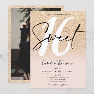 Invitación purpurina dorado moderno foto guión  dulce 16