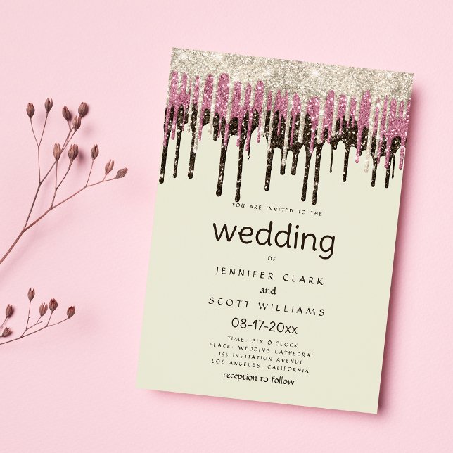 Invitación Purpurina dorado negro marfil  gotea boda (Ivory black gold pink glam glitter drips wedding)