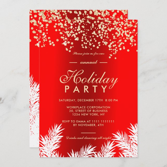 Invitación purpurina dorado pinos rojos vacaciones corporativ (Anverso / Reverso)