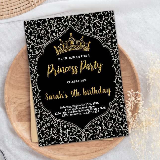 Invitación Purpurina dorado plateado Cumpleaños de Princesa B (Silver Golden Glitter White Princess Birthday Invitation)