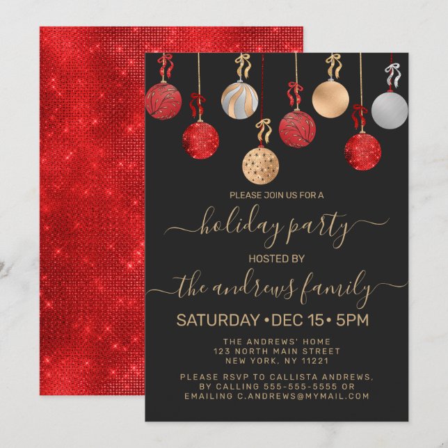 Invitación Purpurina dorado rojo plateado colgando festividad (Anverso / Reverso)