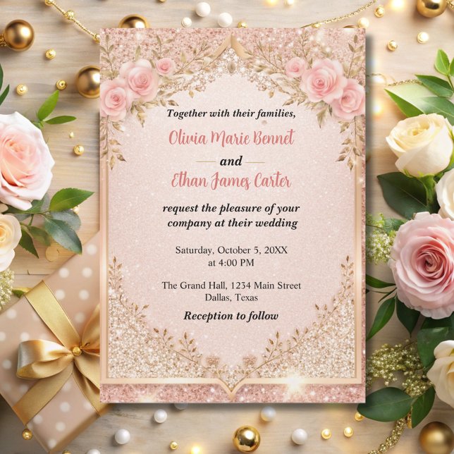 Invitación purpurina dorado rosa brillante boda floral (Subido por el creador)