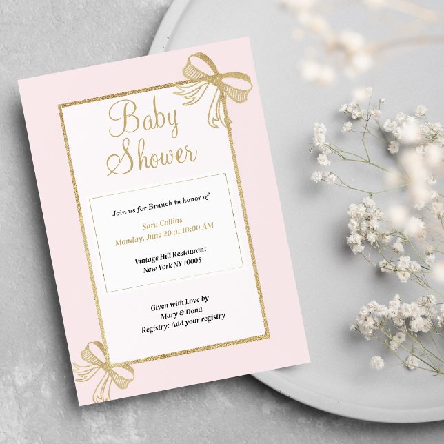 Invitación Purpurina dorado rosa de lujo reverso Baby Shower (Luxury blush pink gold glitter bow Baby Shower)