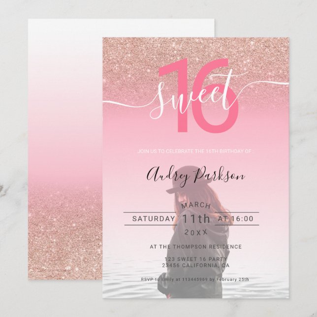 Invitación purpurina dorado Rosa foto gradiente rosa dulce 16 (Anverso / Reverso)