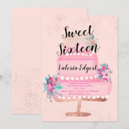 Invitación Purpurina dorado rosa moderno torta floral rosa Du